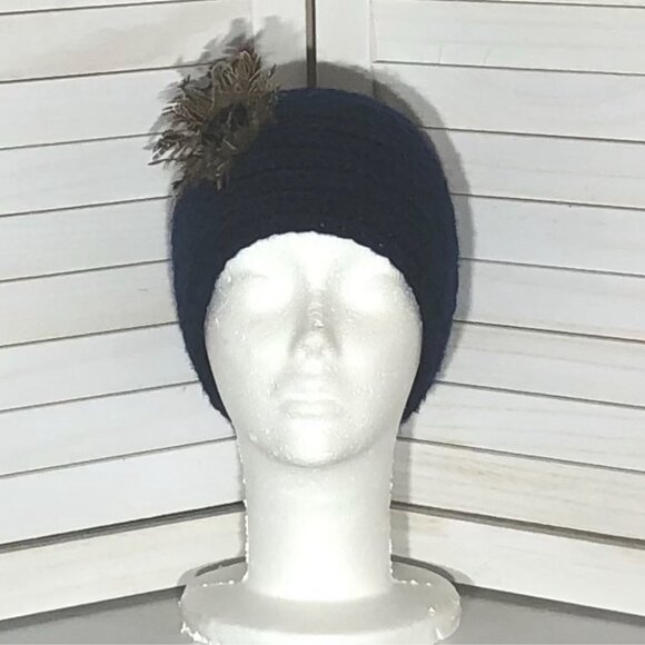 Vintage Y2K Knit Winter Headband Feather Bead Flower Accent Deep Blue One Size - Picture 5 of 11